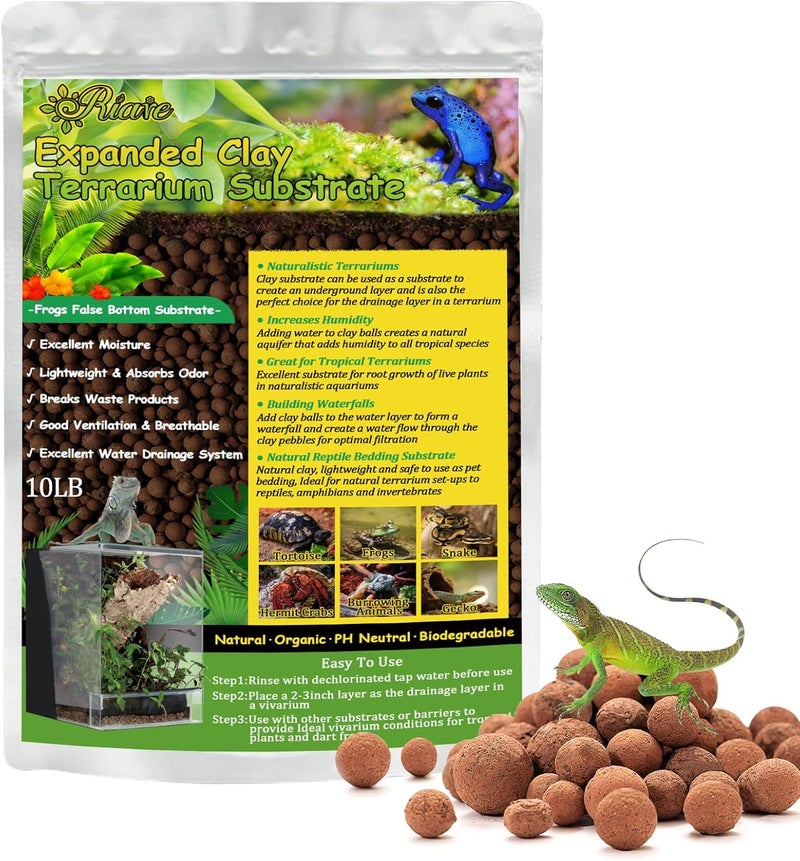 Riare 10LBS Expanded Clay Balls Terrarium Substrate for Reptiles - 100% Organic Lightweight Clay Pebbles Substrate Frogs False Bottom Substrate, Bioactive Terrarium Substrate for Drainage and Moisture - Image 1
